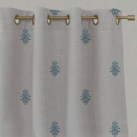 Blue Floral Linen Eyelet Curtains - Lisana-NAT Blue Stone - Natural base fabric.