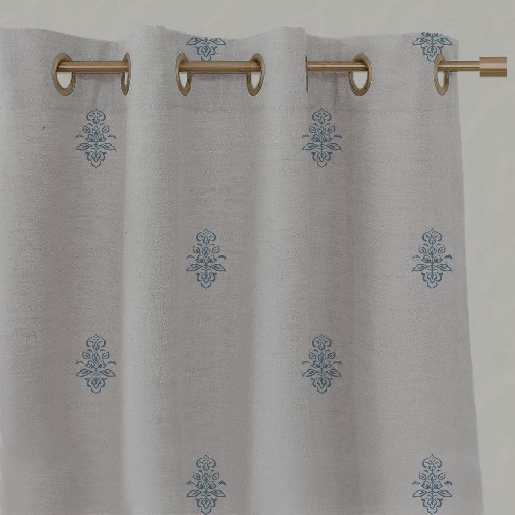 Blue Floral Linen Eyelet Curtains - Lisana-NAT True Blue - Natural base fabric.