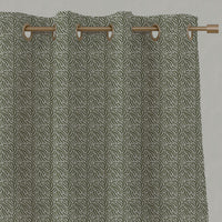 Green Patterned Linen Eyelet Curtains - Malena Khaki - Natural base fabric.
