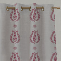 Red Patterned Linen Eyelet Curtains - Maya Cherry - Natural base fabric.