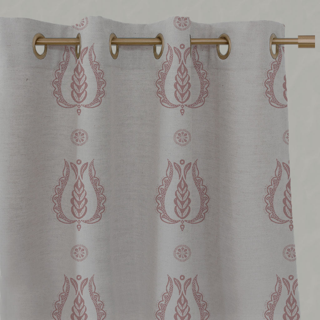 Pink Patterned Linen Eyelet Curtains - Maya Dusty Pink - Natural base fabric.