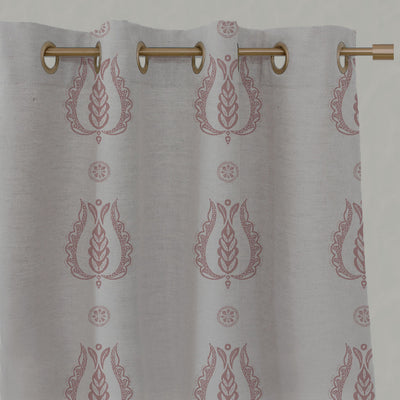 Pink Patterned Linen Eyelet Curtains - Maya Dusty Pink - Natural base fabric.