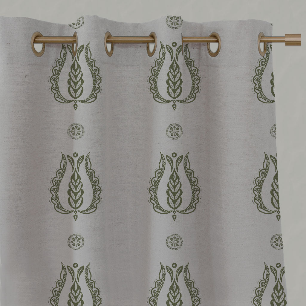 Green Patterned Linen Eyelet Curtains - Maya Khaki - Natural base fabric.