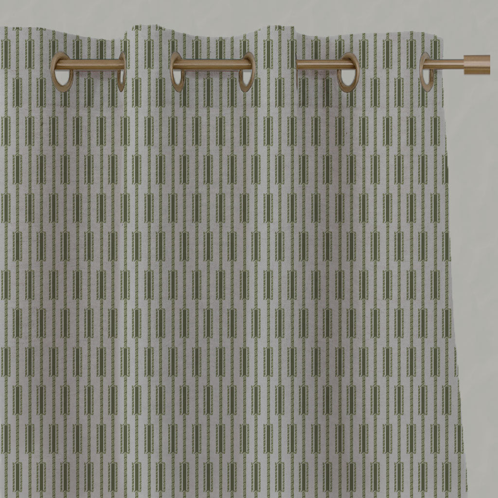 Green Patterned Linen Eyelet Curtains - Millie Khaki - Natural base fabric.
