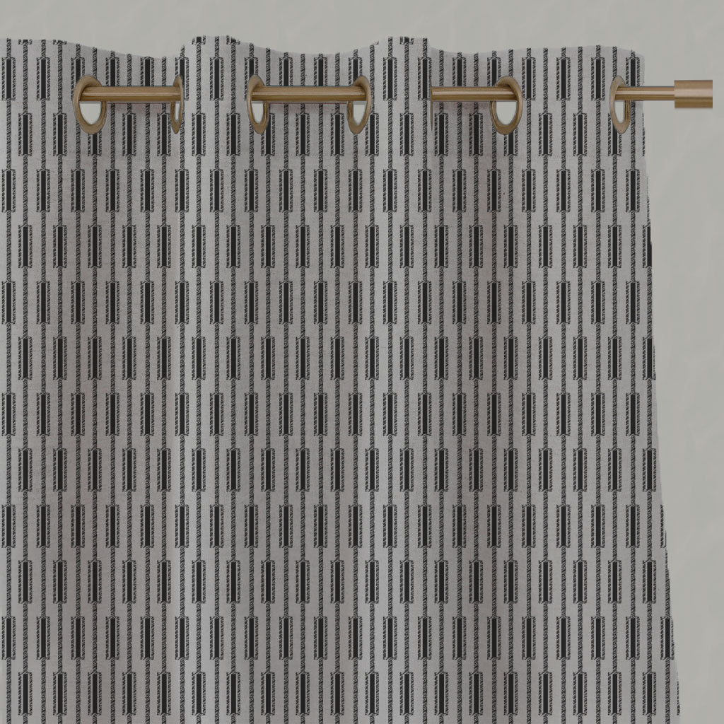 Black Patterned Linen Eyelet Curtains - Millie Noir - Natural base fabric.