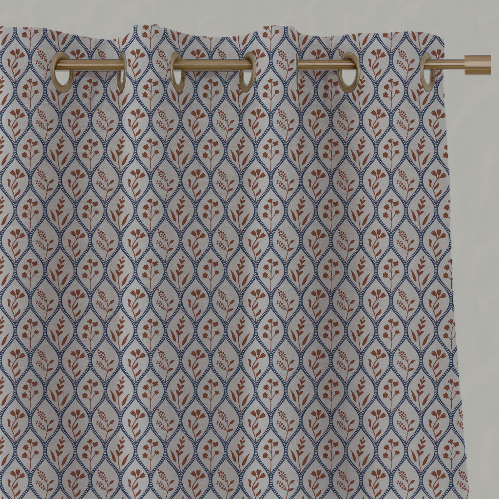 Blue / Orange Floral Linen Eyelet Curtains - Miny Blue Terracotta-INV - Natural base fabric.