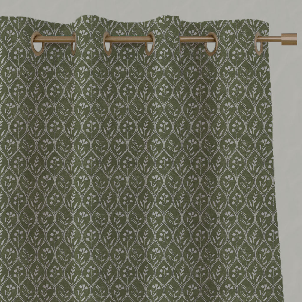 Green Floral Linen Eyelet Curtains - Miny Khaki - Natural base fabric.