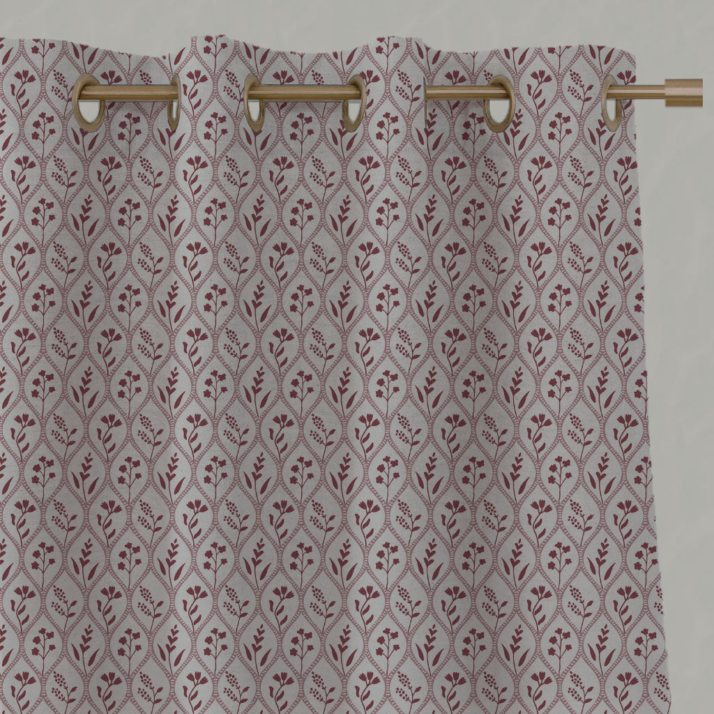 Red / Pink Floral Linen Eyelet Curtains - Miny Pink Wine-INV - Natural base fabric.