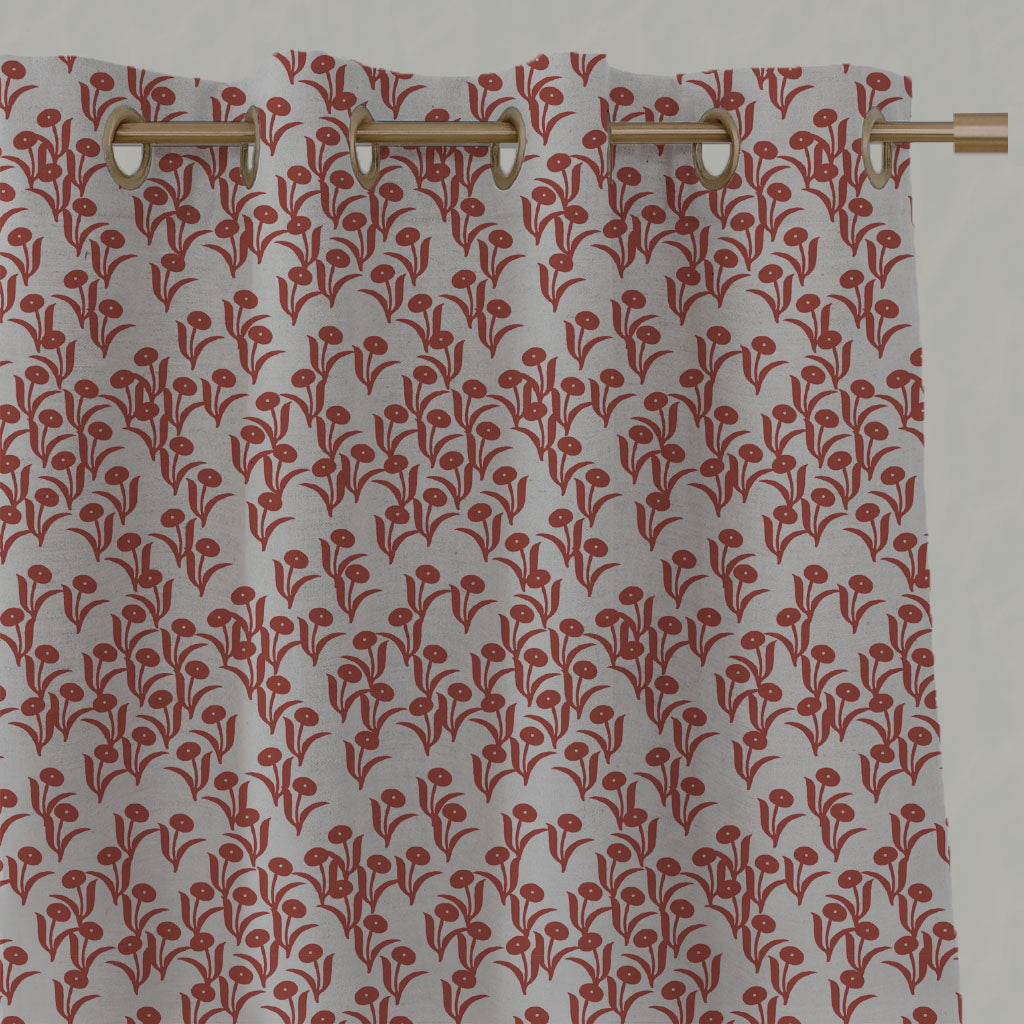 Red Botanical Linen Eyelet Curtains - Nalini Crimson Red - Natural base fabric.