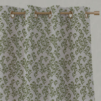 Green Botanical Linen Eyelet Curtains - Nalini Khaki - Natural base fabric.