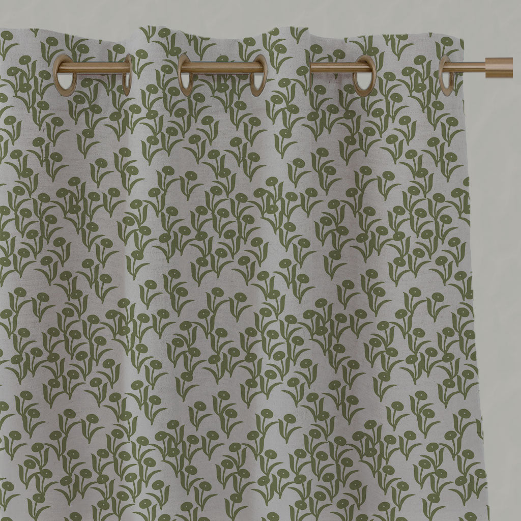 Green Botanical Linen Eyelet Curtains - Nalini Khaki - Natural base fabric.