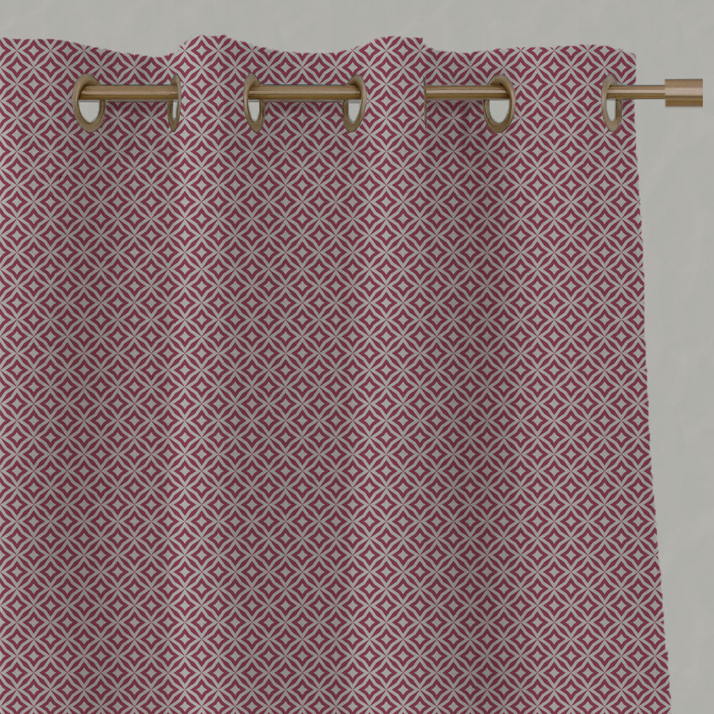 Red Patterned Linen Eyelet Curtains - Nella Cherry - Natural base fabric.