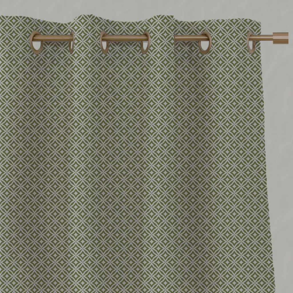 Green Patterned Linen Eyelet Curtains - Nella Leaf - Natural base fabric.