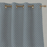 Blue Patterned Linen Eyelet Curtains - Nella True Blue - Natural base fabric.