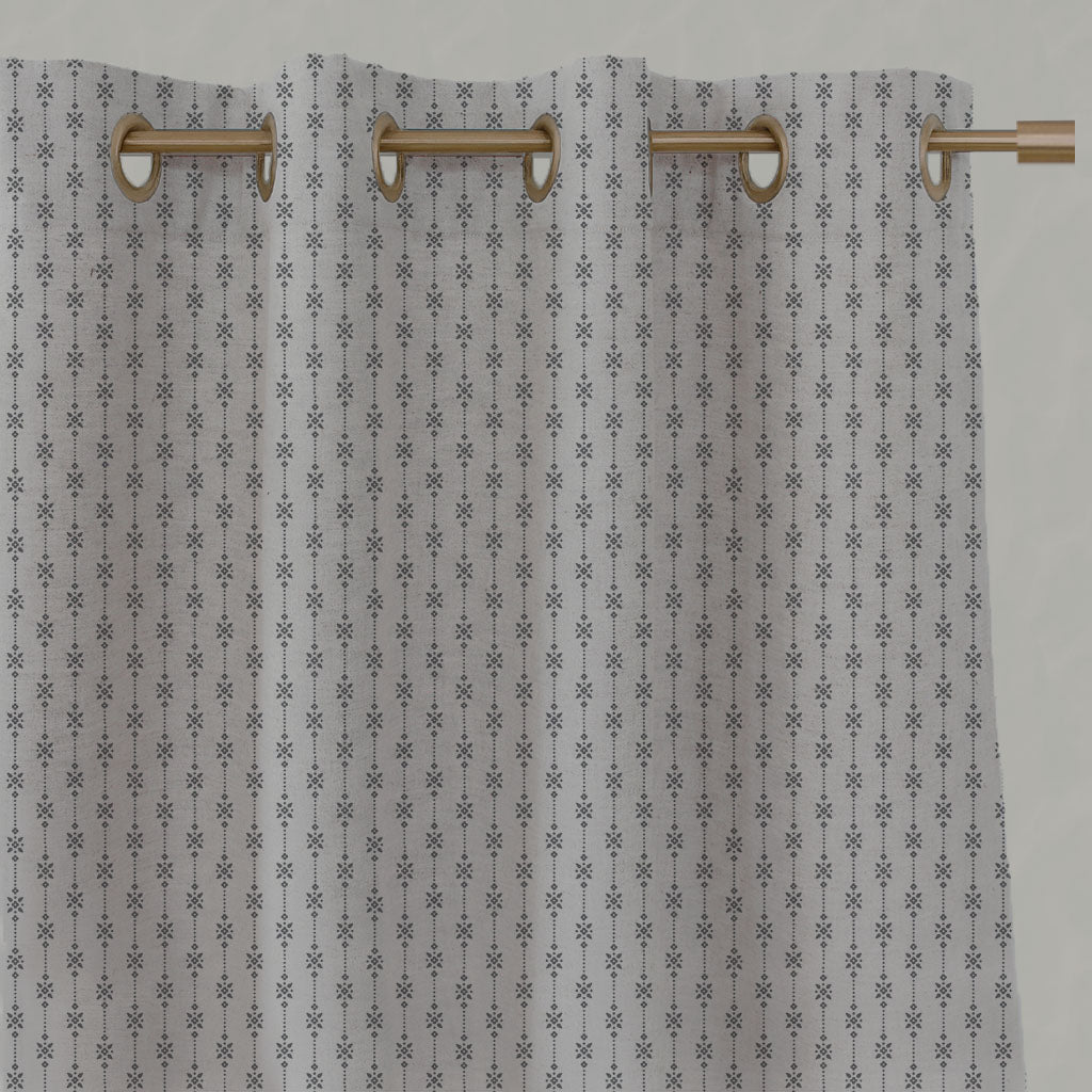 Grey Patterned Linen Eyelet Curtains - Nikolet Ash - Natural base fabric.