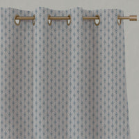 Blue Patterned Linen Eyelet Curtains - Nikolet True Blue - Natural base fabric.