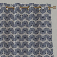 Blue Patterned Linen Eyelet Curtains - Ofira Deep Blue - Natural base fabric.