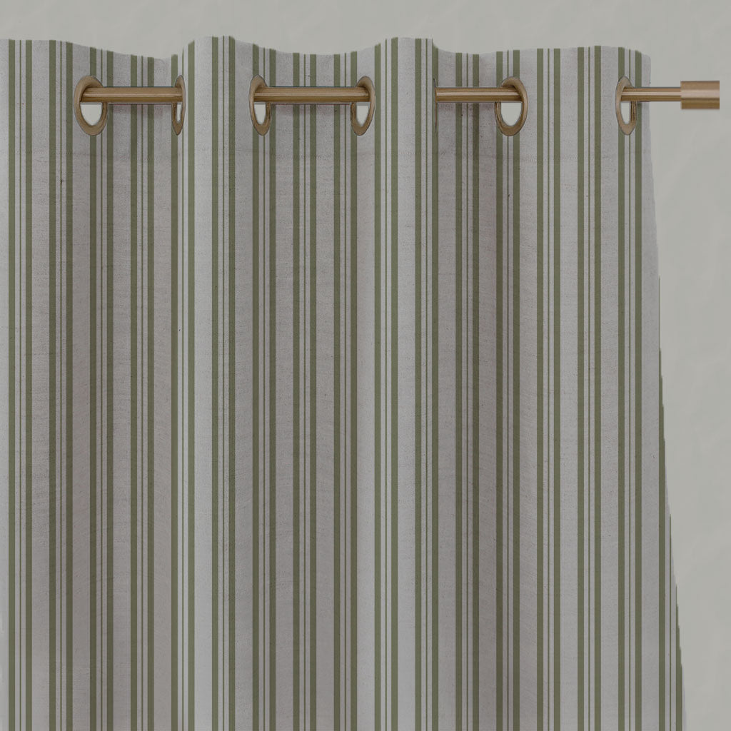 Green Striped Linen Eyelet Curtains - Olga Olive - Natural base fabric.