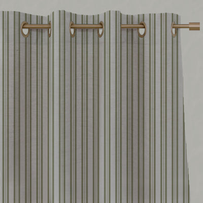 Green Striped Linen Eyelet Curtains - Olga Olive - Natural base fabric.