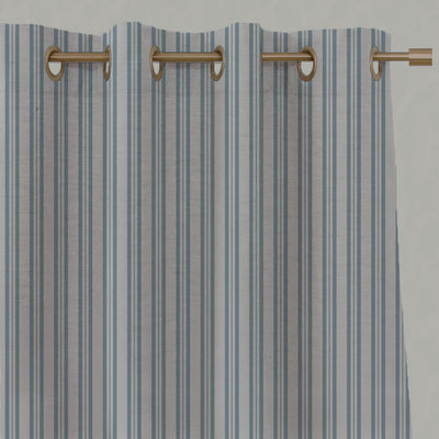 Blue Striped Linen Eyelet Curtains - Olga Sky - Natural base fabric.