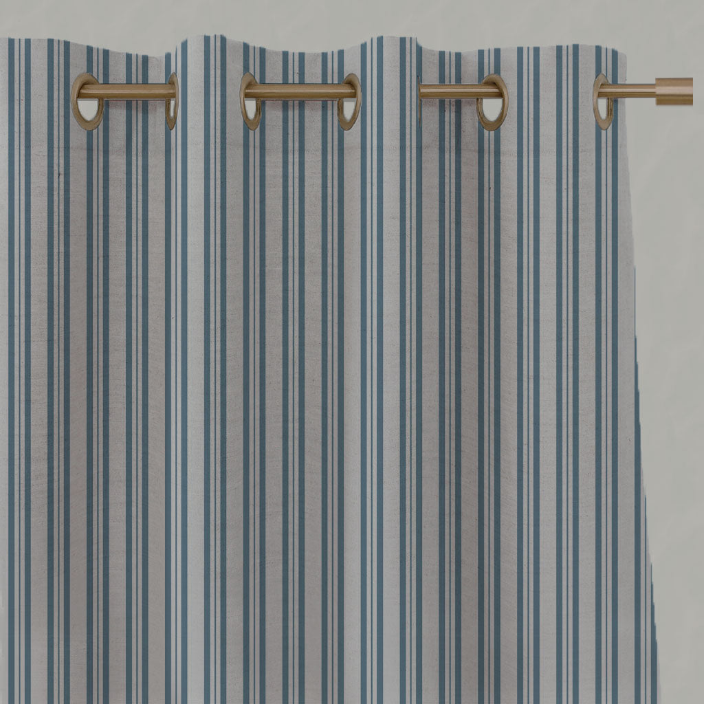 Blue Striped Linen Eyelet Curtains - Olga True Blue - Natural base fabric.