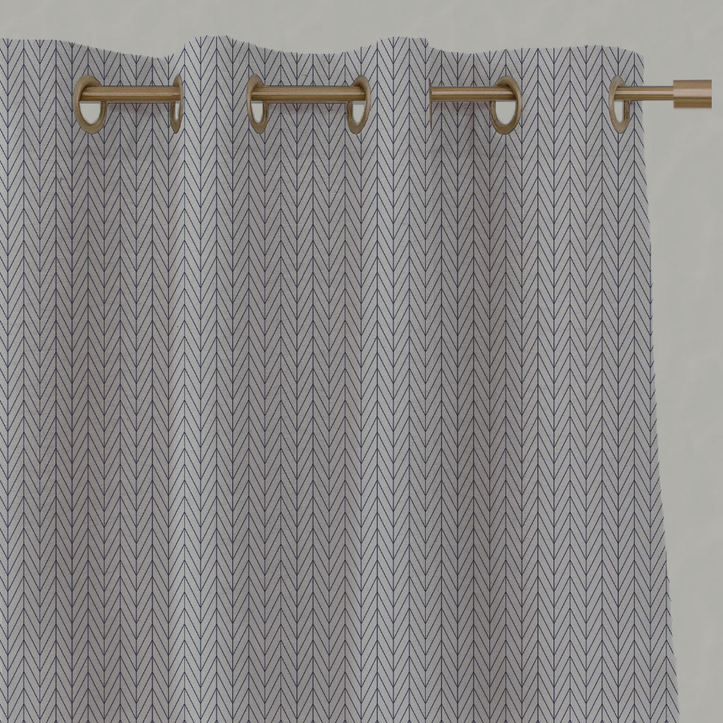 Blue Patterned Linen Eyelet Curtains - Ollie Deep Blue - Natural base fabric.