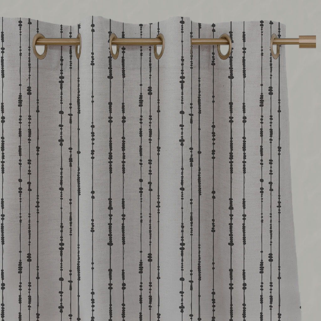 Grey Patterned Linen Eyelet Curtains - Pearls Charcoal - Natural base fabric.