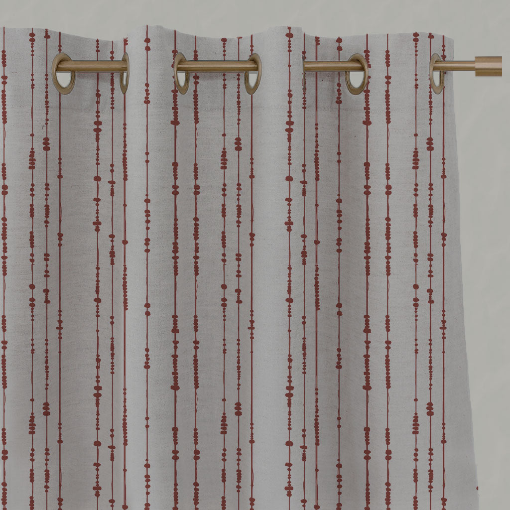 Red Patterned Linen Eyelet Curtains - Pearls Crimson Red - Natural base fabric.