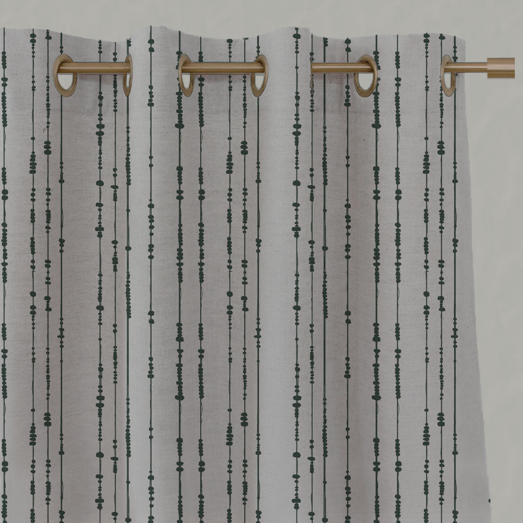 Green Patterned Linen Eyelet Curtains - Pearls Dark Pine - Natural base fabric.