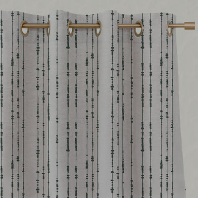 Green Patterned Linen Eyelet Curtains - Pearls Dark Pine - Natural base fabric.