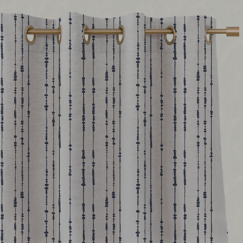 Blue Patterned Linen Eyelet Curtains - Pearls Deep Blue - Natural base fabric.