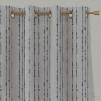 Blue Patterned Linen Eyelet Curtains - Pearls Denim - Natural base fabric.