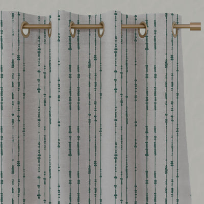 Green Patterned Linen Eyelet Curtains - Pearls Fern - Natural base fabric.