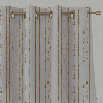 Orange / Yellow Patterned Linen Eyelet Curtains - Pearls Gold Ochre - Natural base fabric.