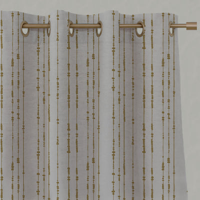 Yellow Patterned Linen Eyelet Curtains - Pearls Gold Rod - Natural base fabric.