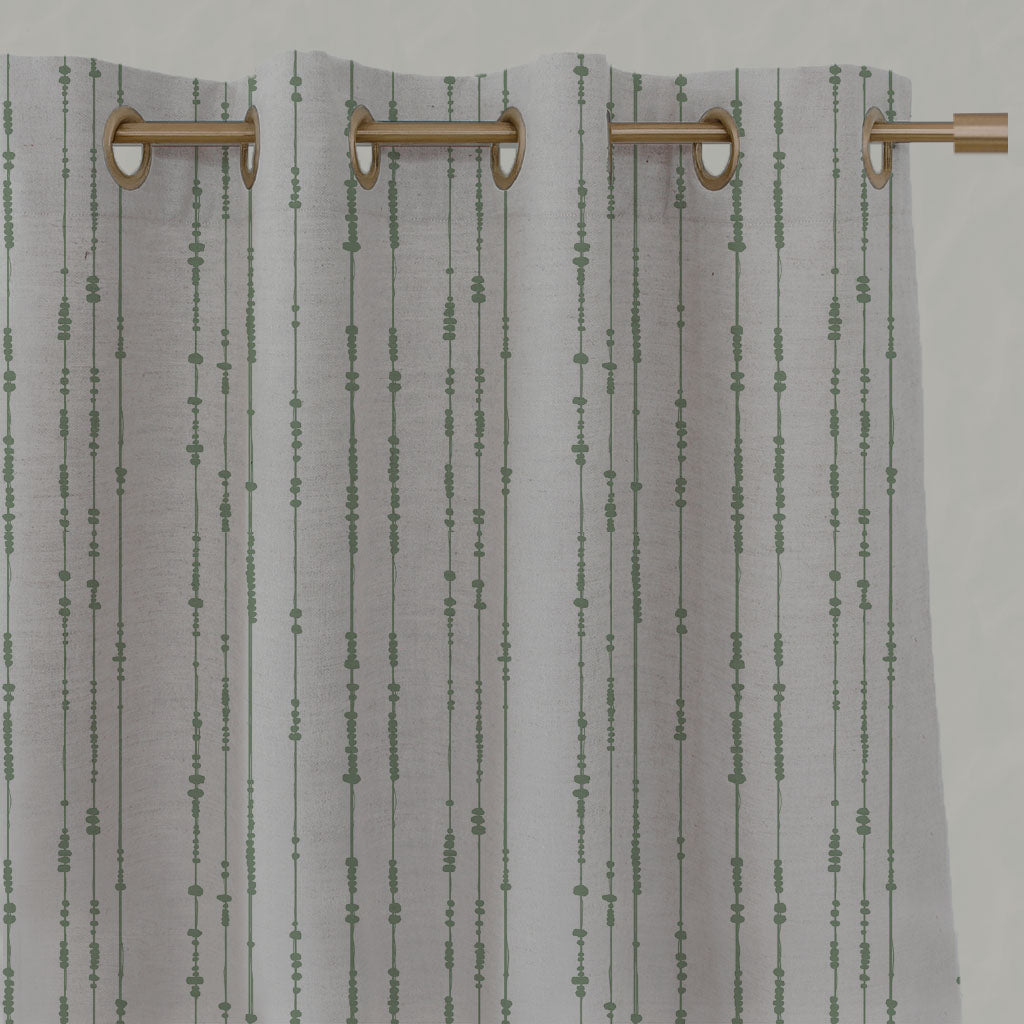 Green Patterned Linen Eyelet Curtains - Pearls Jade Mist - Natural base fabric.