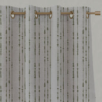Green Patterned Linen Eyelet Curtains - Pearls Khaki - Natural base fabric.