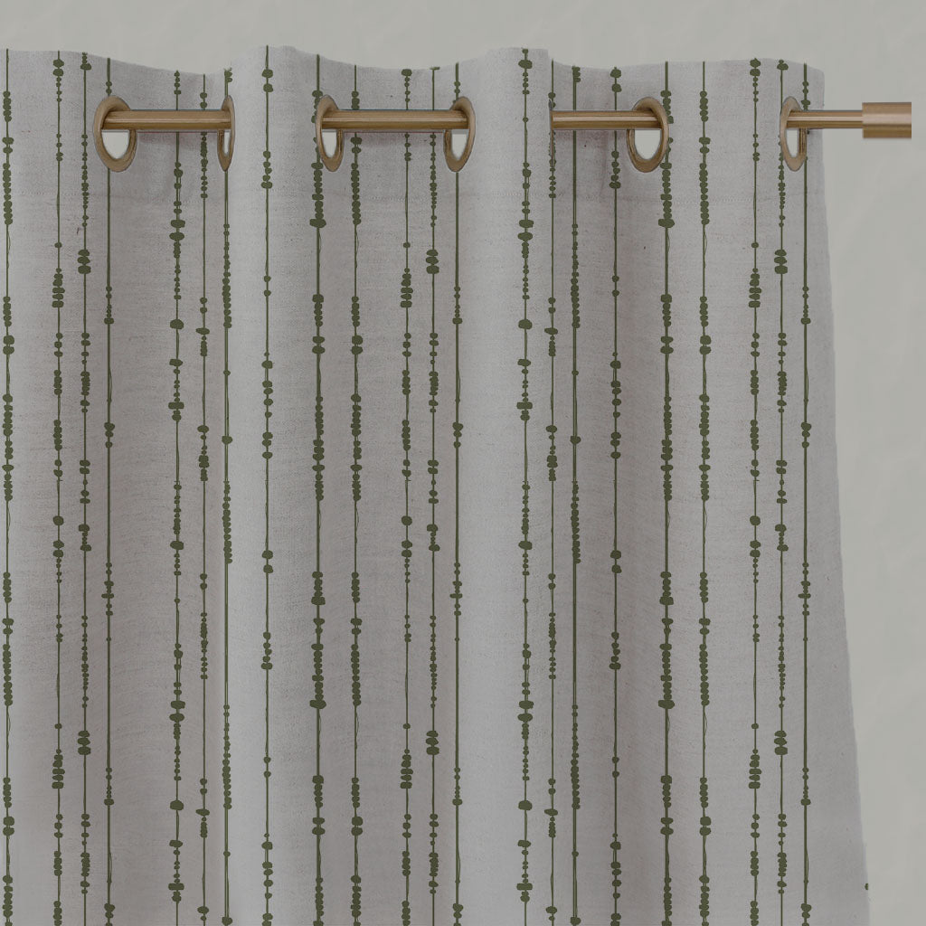 Green Patterned Linen Eyelet Curtains - Pearls Khaki - Natural base fabric.