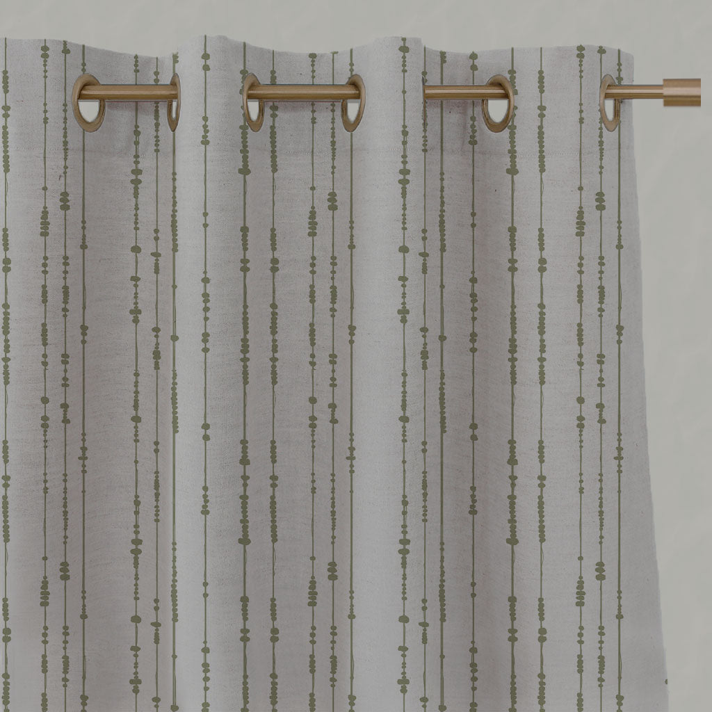 Green Patterned Linen Eyelet Curtains - Pearls Olive - Natural base fabric.