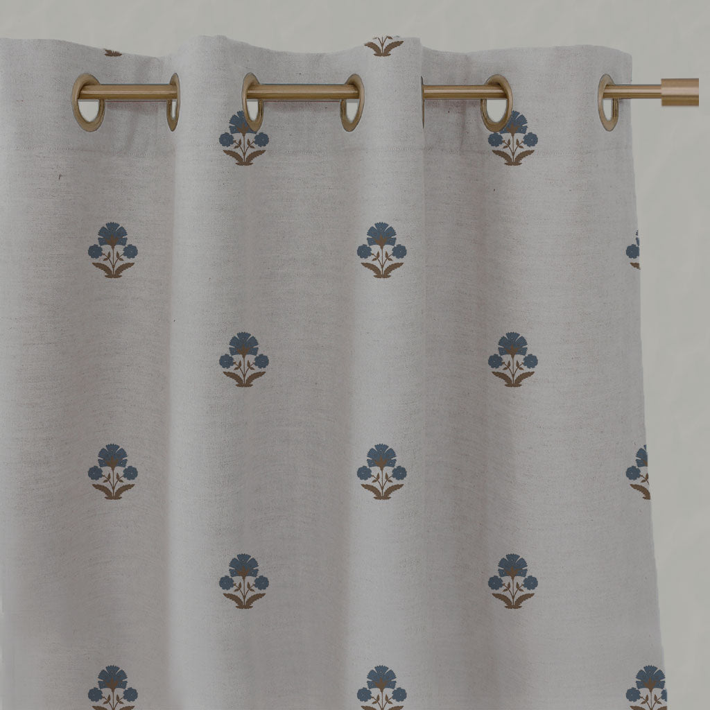 Blue / Brown Floral Linen Eyelet Curtains - Penelope Blue Sand - Natural base fabric.