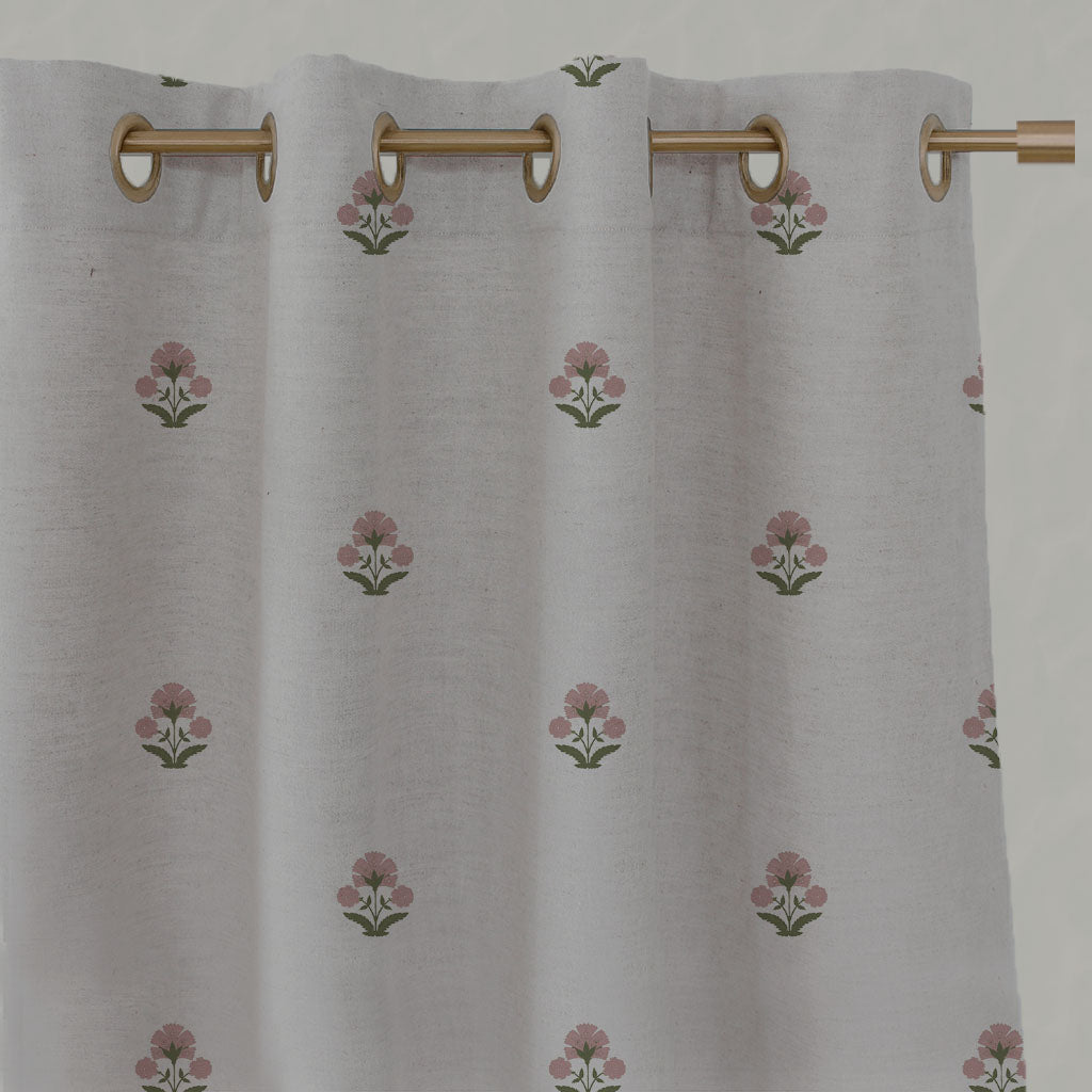 Pink / Green Floral Linen Eyelet Curtains - Penelope Pink Green - Natural base fabric.