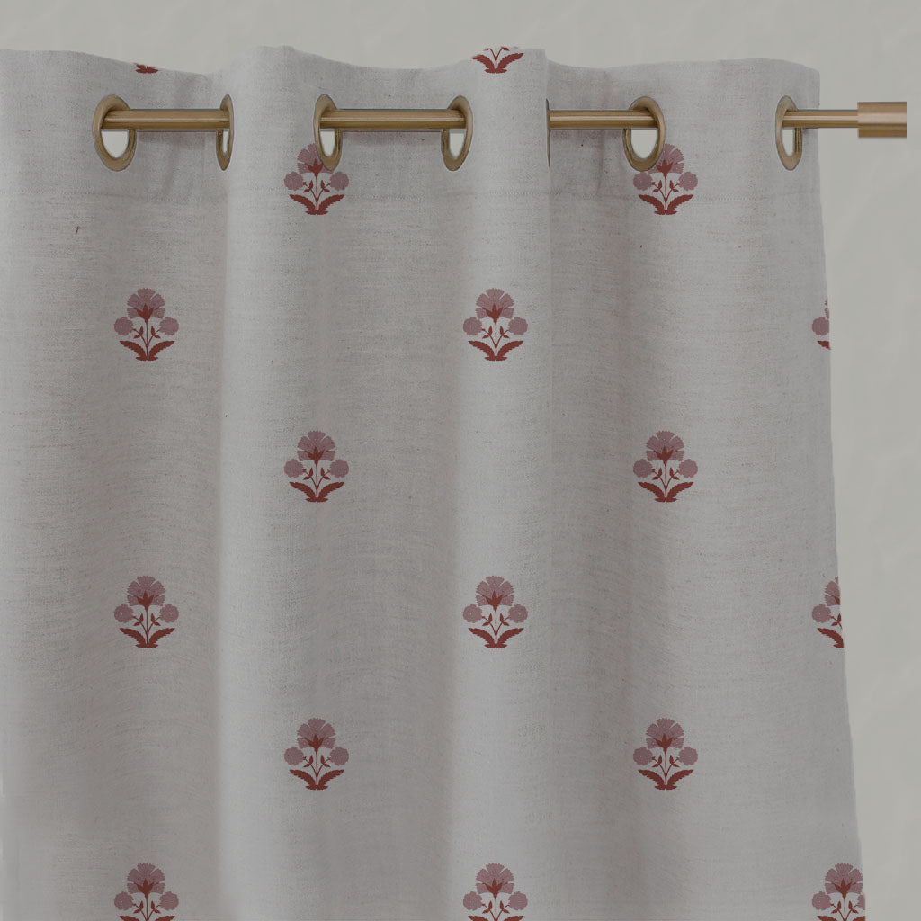 Red / Pink Floral Linen Eyelet Curtains - Penelope Pink Red - Natural base fabric.