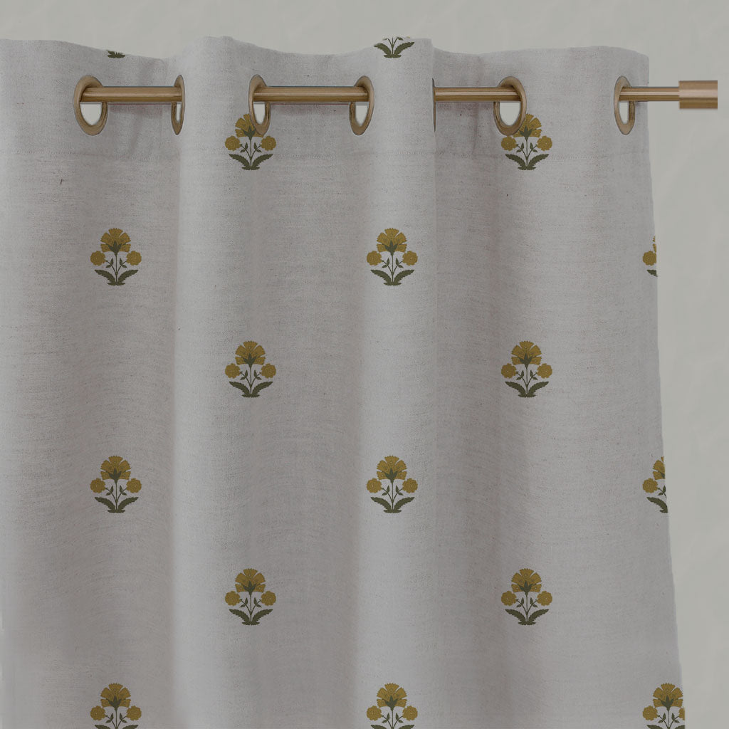 Green / Yellow Floral Linen Eyelet Curtains - Penelope Yellow Green - Natural base fabric.