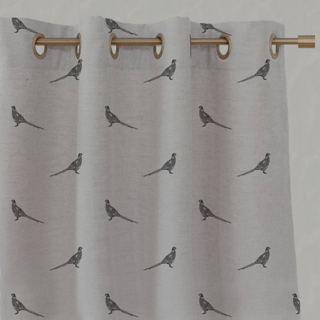Black Kids Linen Eyelet Curtains - Pheasant Noir - Natural base fabric.