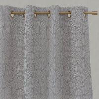 Blue Patterned Linen Eyelet Curtains - Pia Deep Blue - Natural base fabric.