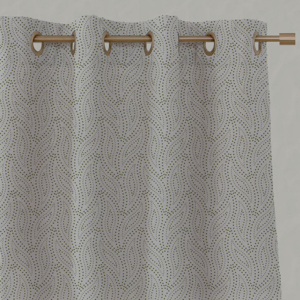 Green Patterned Linen Eyelet Curtains - Pia Leaf - Natural base fabric.