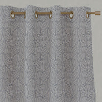 Blue Patterned Linen Eyelet Curtains - Pia Night Blue - Natural base fabric.