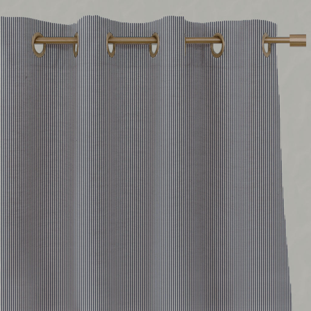 Blue Striped Linen Eyelet Curtains - Pinni Deep Blue - Natural base fabric.