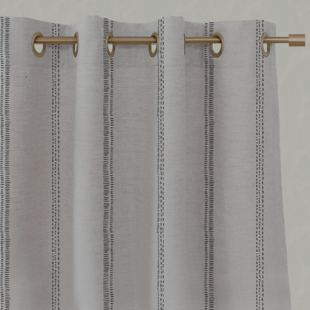 Grey Striped Linen Eyelet Curtains - Rae Ash - Natural base fabric.