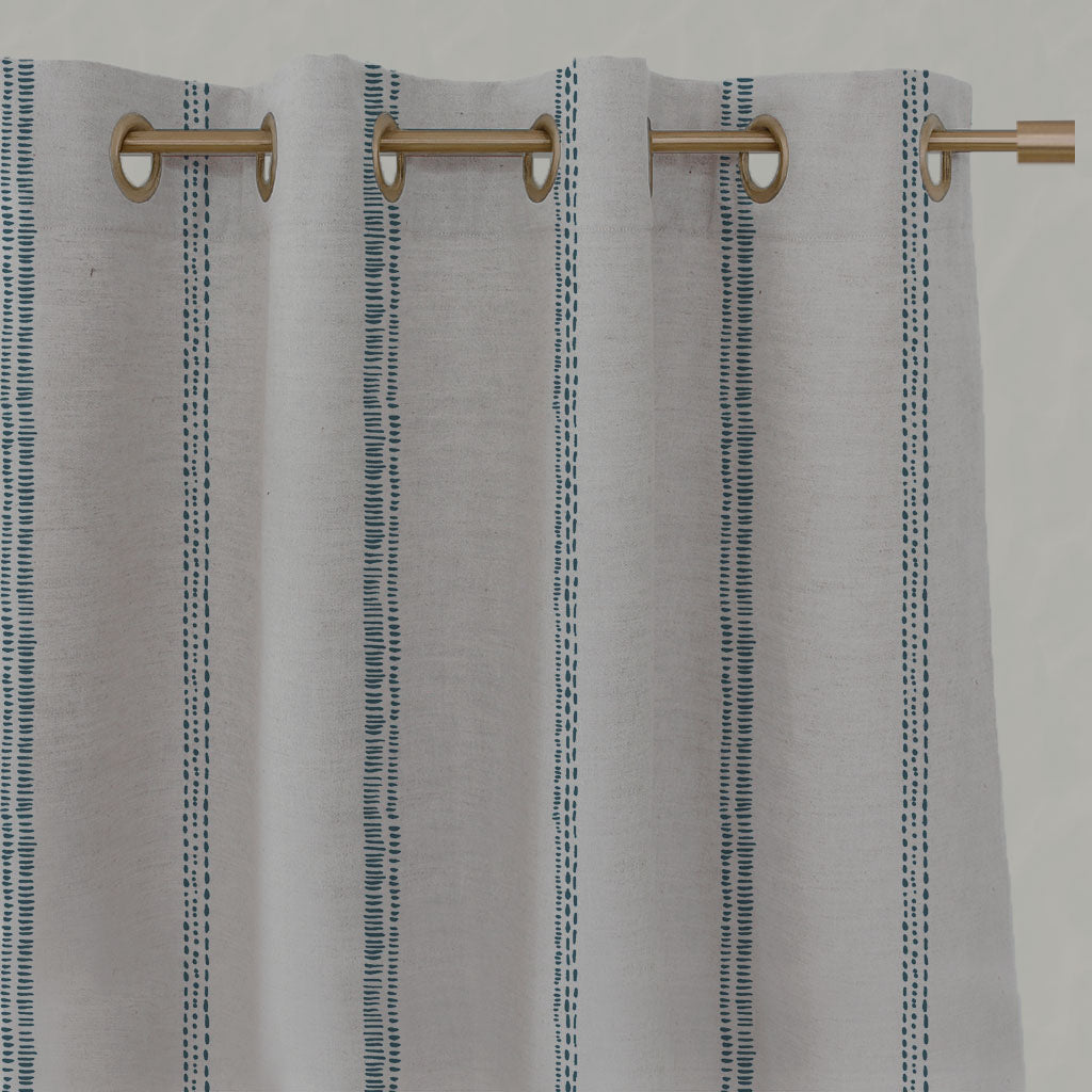 Blue Striped Linen Eyelet Curtains - Rae Blue Stone - Natural base fabric.